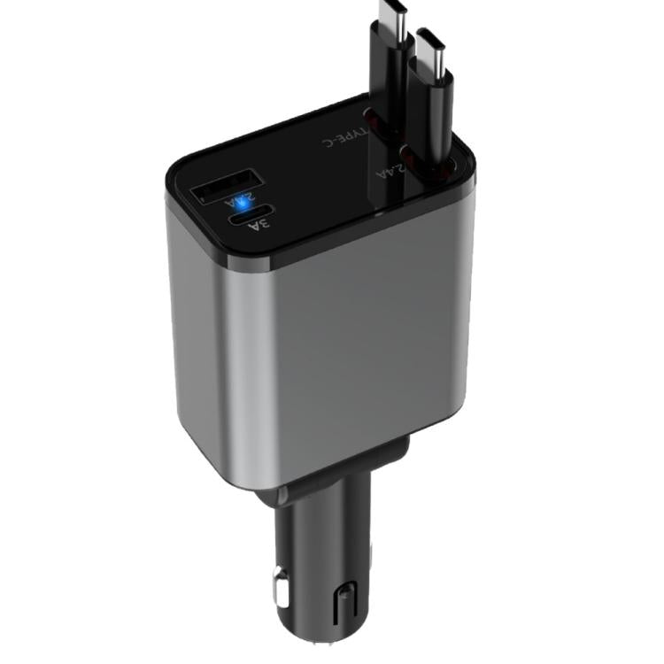 Compact car charger with LED indicator and dual plug connectors, side view