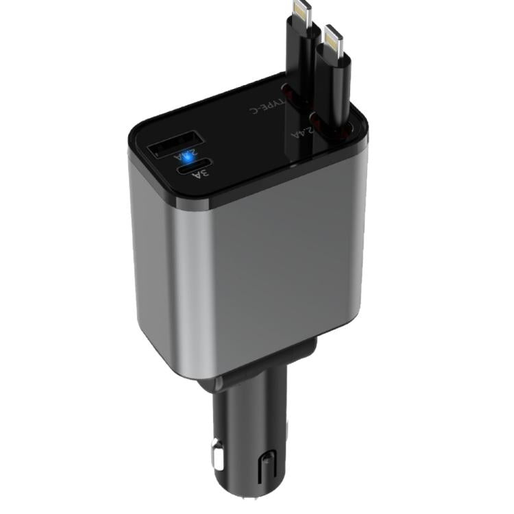 Compact car charger with LED indicator and dual plug connectors, front angle view