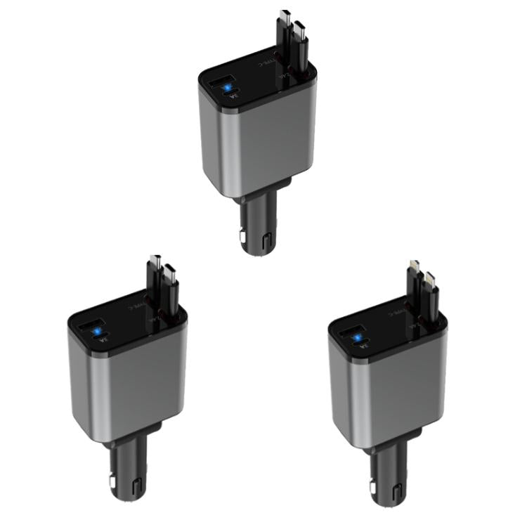 Compact car charger with LED indicator and dual plug connectors, multiple angles shown