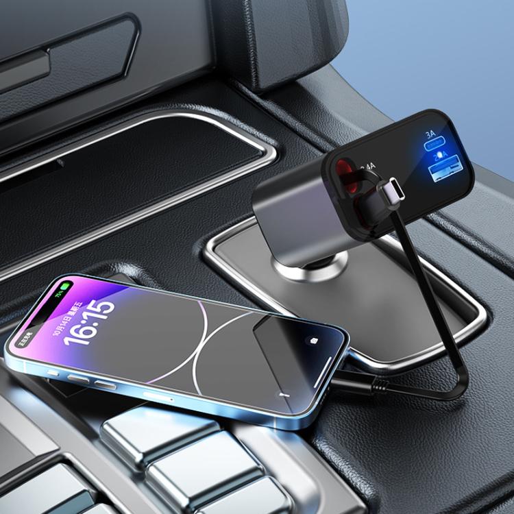 Retractable multi-port car charger charging a smartphone with blue LED