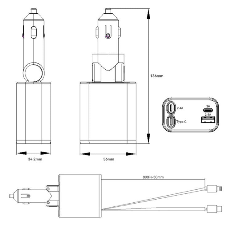 Retractable car charger with cable and dual plug heads, with size diagram