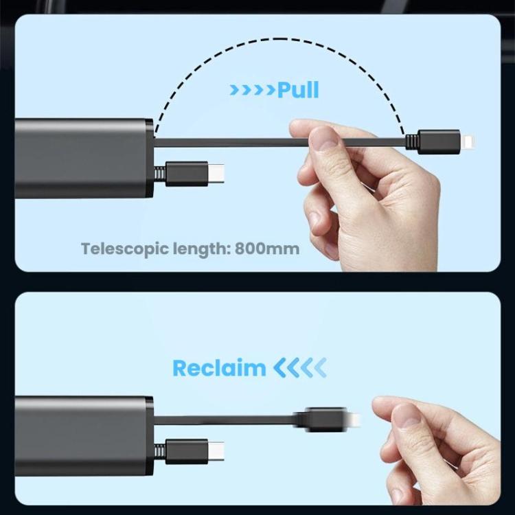 Retractable car charger cable being pulled out with dual connector tips
