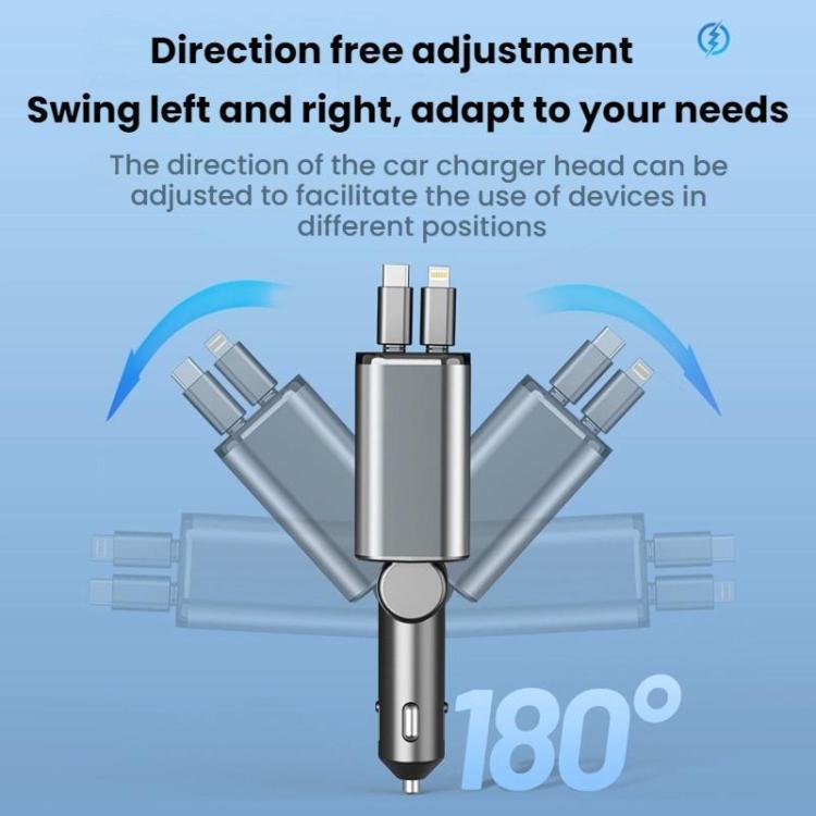 Car charger with swiveling connector head for left-right angle adjustment up to 180°