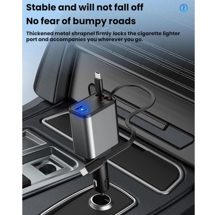 Retractable car charger with multi-connector cables and LED power indicator