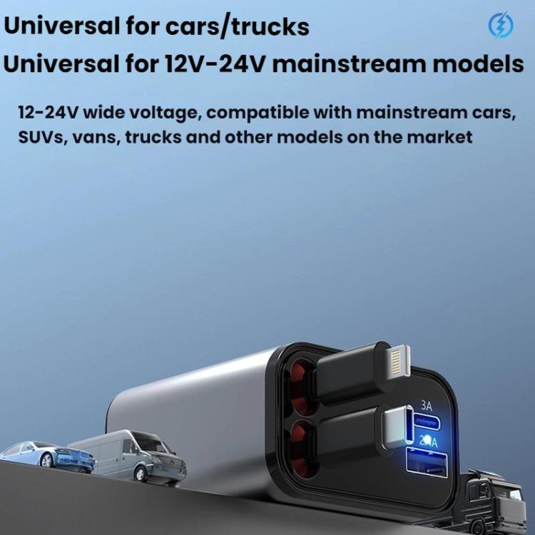 Retractable car charger with dual outputs and LED display for 12–24V vehicles