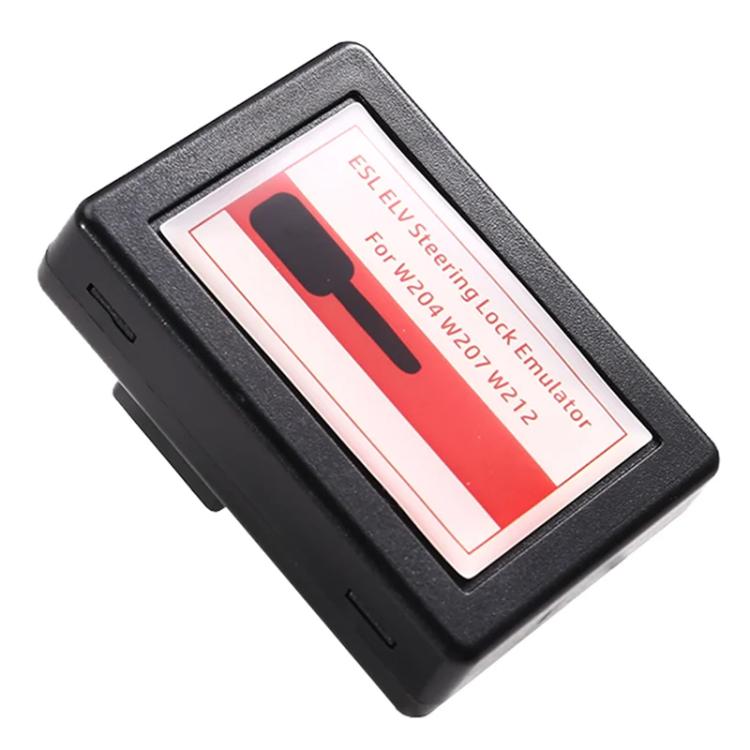 Tilted black steering lock emulator module with red-and-white front label