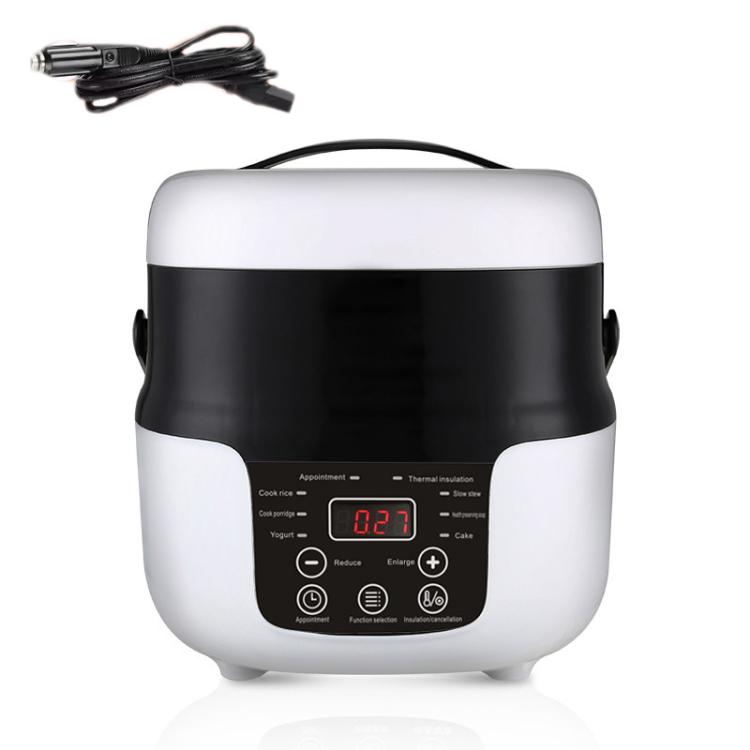 Car-mounted 2L rice cooker with white/black body, red digital display, push buttons