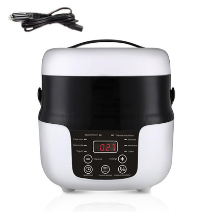 Car-mounted 2L rice cooker with white/black body, red digital display, push buttons