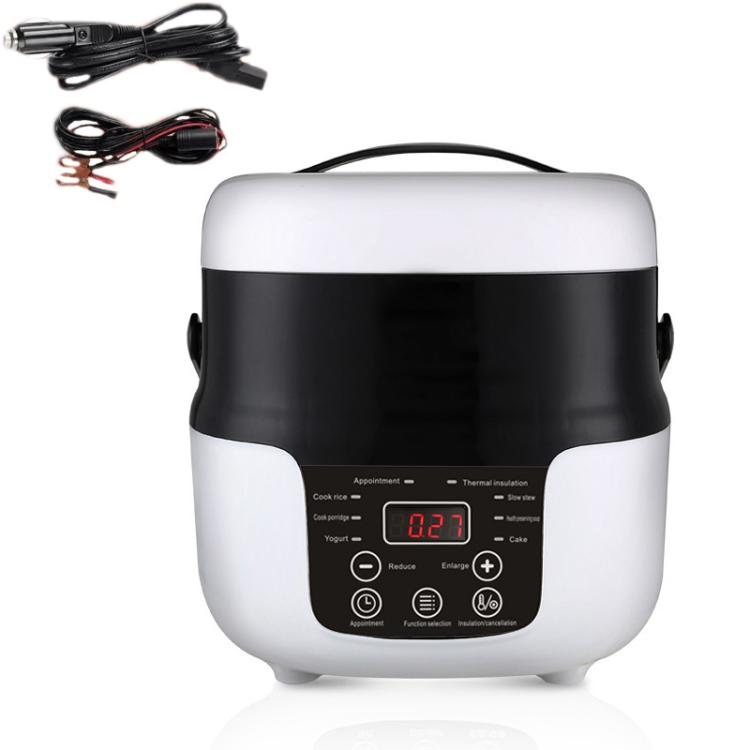 Car-mounted 2L rice cooker front with cable, white/black body and red digital display