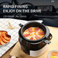 2L car-mounted rice cooker with lid open, cooking pot showing rice and toppings