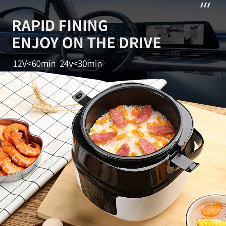 2L car-mounted rice cooker with lid open, cooking pot showing rice and toppings
