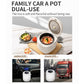 Portable car rice cooker with lid open on a wooden board, showing inner pot