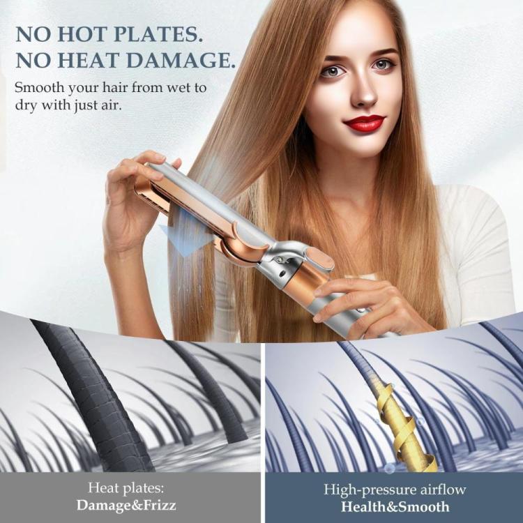 Gold and silver straightening nozzle attachment held near hair