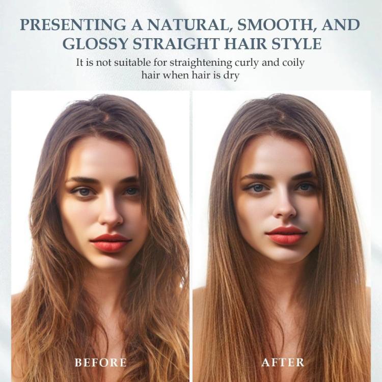 Straightening nozzle attachment shown beside smooth, styled hair