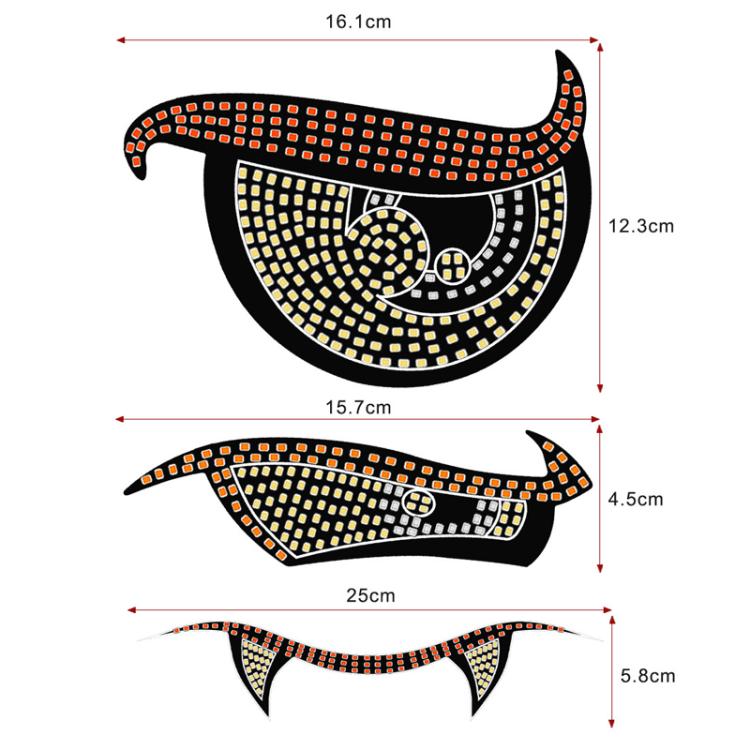 Curved LED demon eye light strips with size diagram and measurement markings
