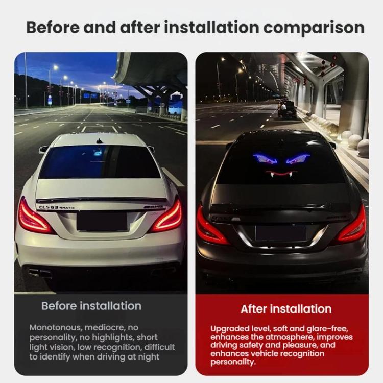 Car rear window LED demon-eye display and glowing smile graphic after installation