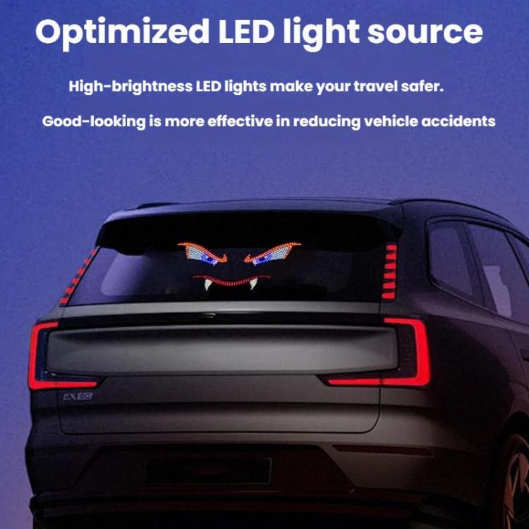 Car rear LED light bar with demon-eye and smile graphic in red and blue
