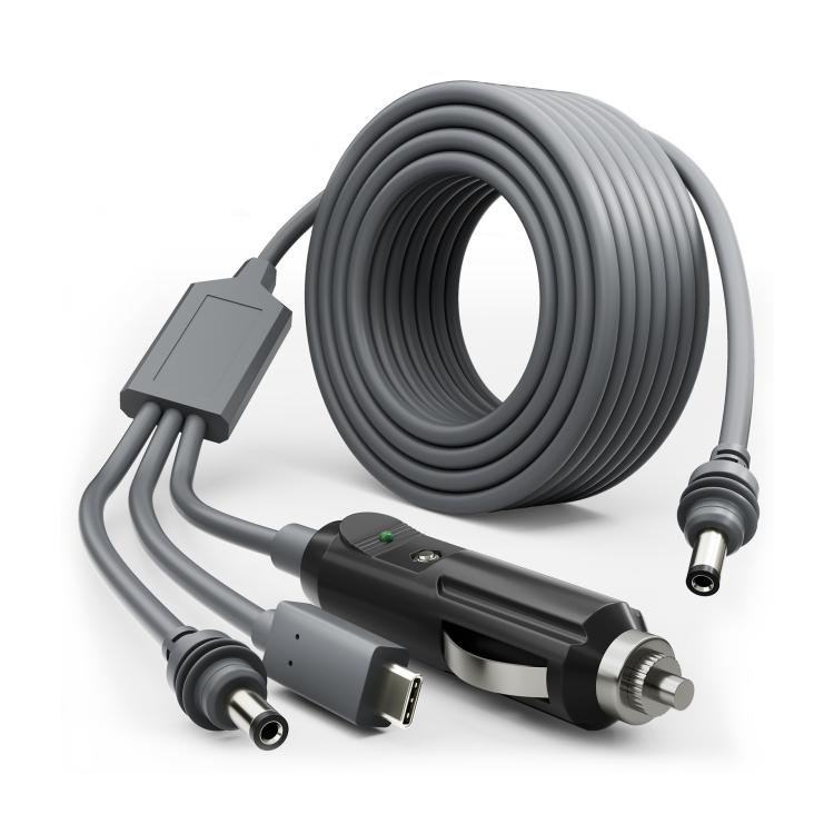 3-in-1 Type-C to DC car charger cable with Type-C, USB, and cigarette-lighter plugs
