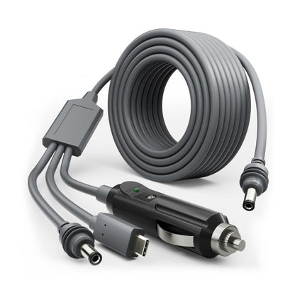 3-in-1 Type-C to DC car charger cable with Type-C, USB, and cigarette-lighter plugs
