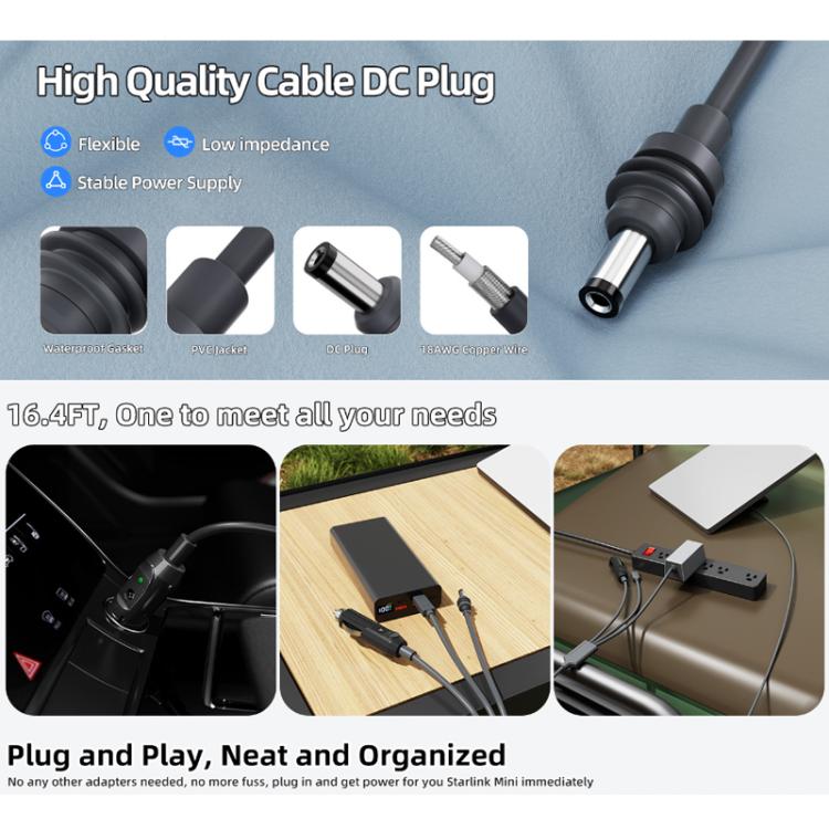 3-in-1 cable with DC connector tips, including Type-C, USB, and barrel plug ends
