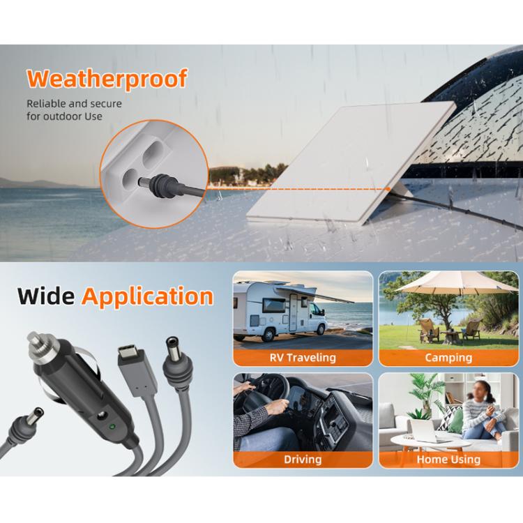 Weatherproof 3-in-1 Type-C to DC car charger cable with Type-C, USB, and DC barrel plugs
