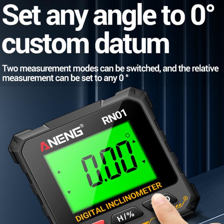 ANENG RN01 digital inclinometer close-up with large green LCD and side buttons