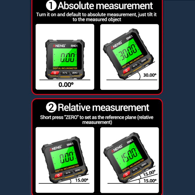 ANENG RN01 inclinometer for absolute and relative measurement modes with green LCD