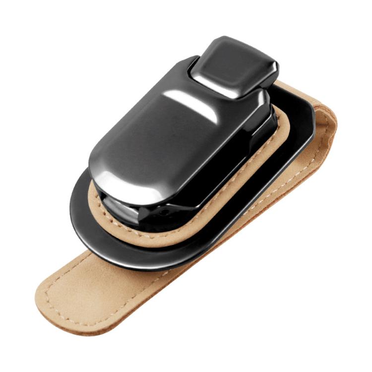 Car sun visor glasses holder with beige fabric pad and stitched border, snap clip