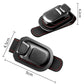 Car sun visor glasses holder clip with black frame and red stitched trim, angled view