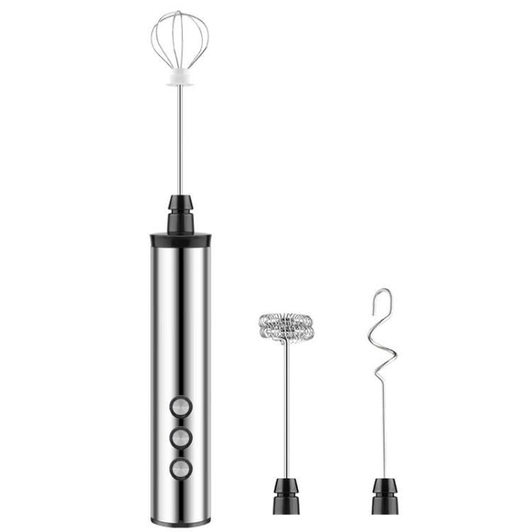 Rechargeable handheld electric milk frother with three mixing heads, stainless steel body