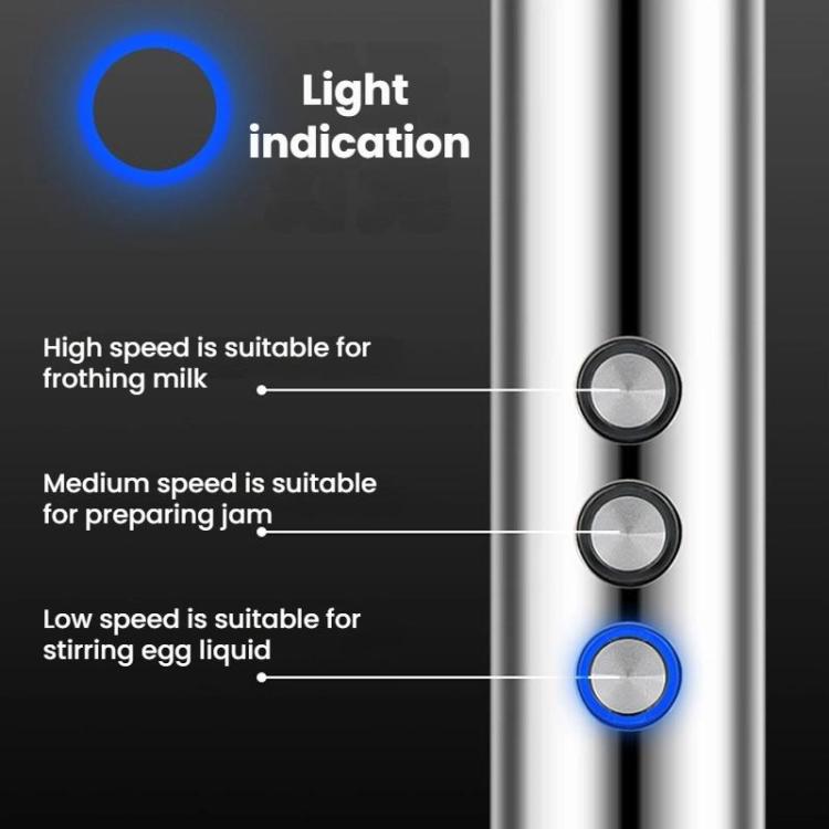 Stainless handheld electric milk frother with speed buttons and blue light indicator