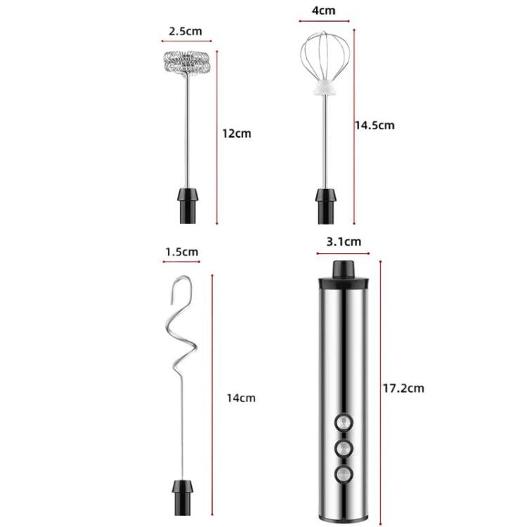 Portable electric egg beater size diagram with whisk attachments and base