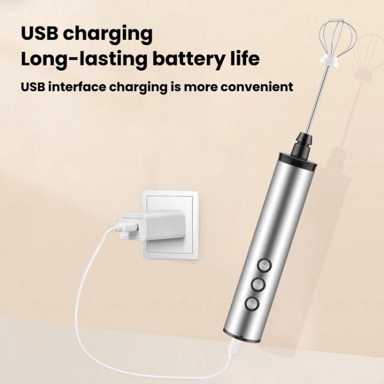 Rechargeable electric milk frother with USB charging cable, stainless steel handle