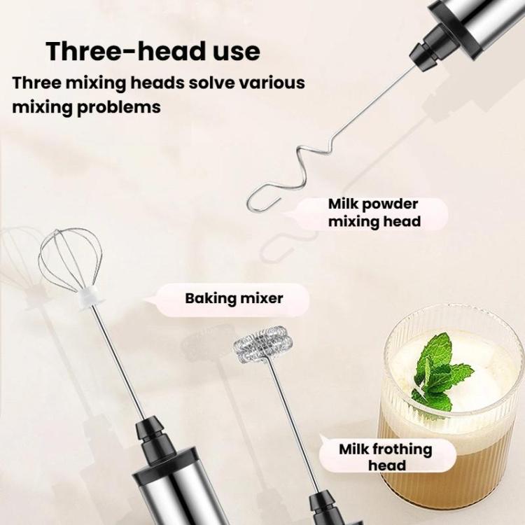 Handheld electric milk frother with three mixing heads for whipping and frothing