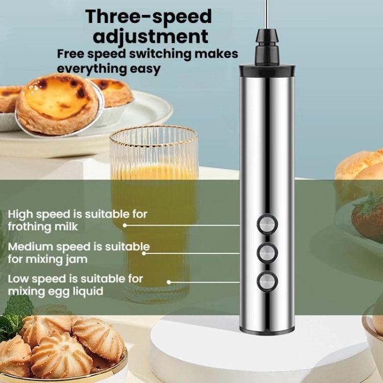 Three-speed handheld electric milk frother with stainless steel body and buttons