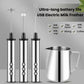 Set of handheld rechargeable milk frothers with three mixing heads and measuring cup