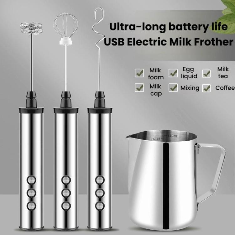Set of handheld rechargeable milk frothers with three mixing heads and measuring cup