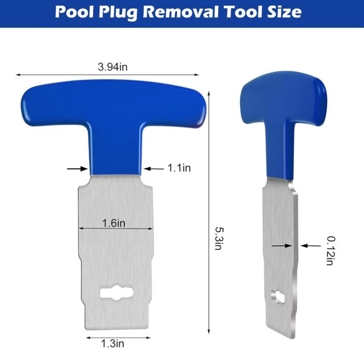 Blue T-handle pool plug removal tool with stainless steel prong blade