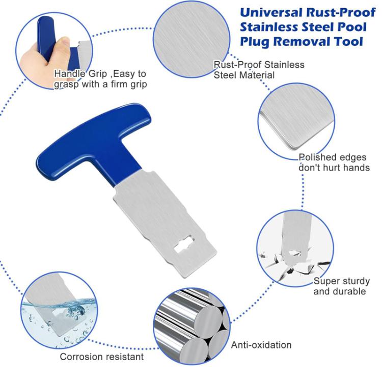 Blue-and-silver pool plug removal tool with polished stainless steel blade