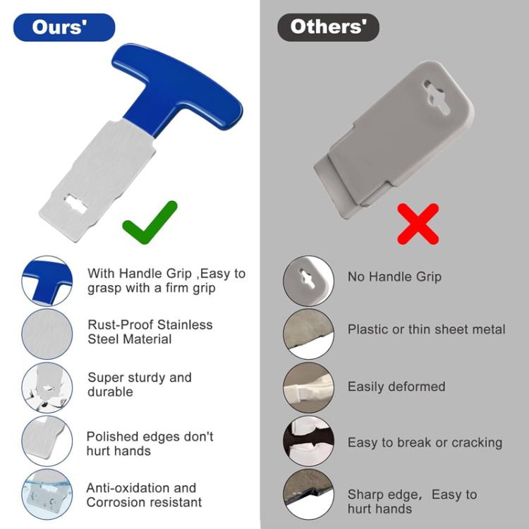 Pool plug removal tool with blue handle and sturdy stainless steel prying blade