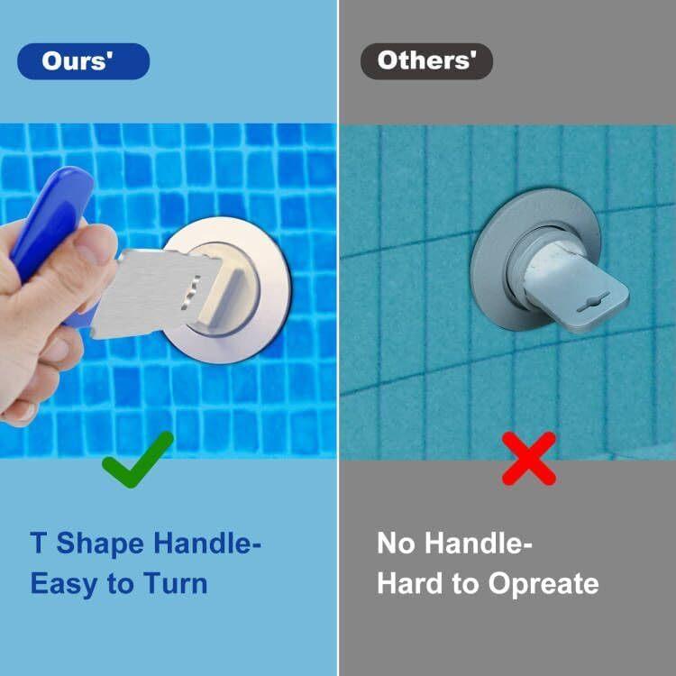 Pool plug removal tool with blue T-handle and stainless blade for turning plugs