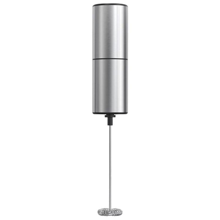Electric milk frother stick with whisk head, brushed metal finish and black base.