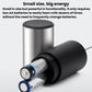 Mini electric frother with visible AA batteries in black-and-silver handle.