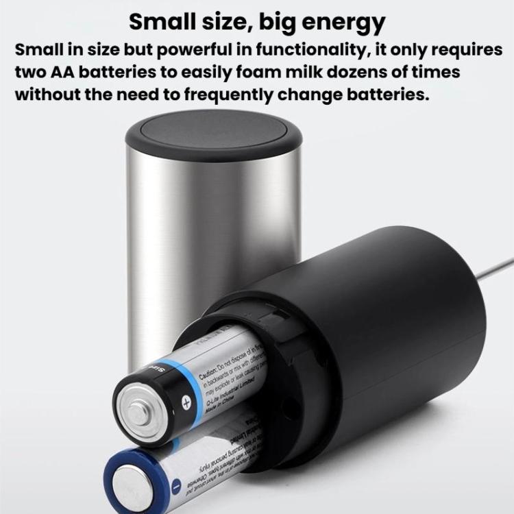 Mini electric frother with visible AA batteries in black-and-silver handle.