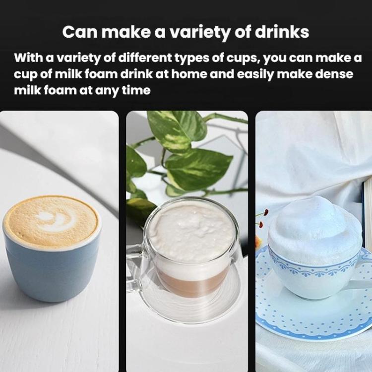 Milk frother producing foam in cups for coffee, milk tea, and other drinks.