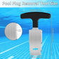 Pool plug removal tool with black handle and silver head, size guide shown