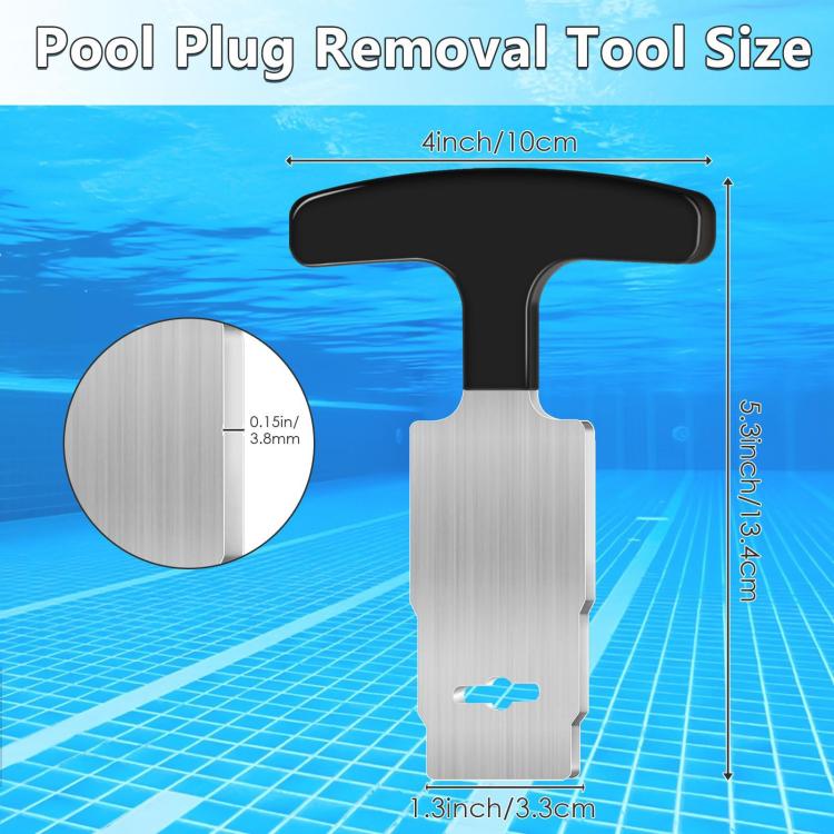 Pool plug removal tool with black handle and silver head, size guide shown