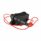 Fuel cap release lock actuator with black cylindrical connector and red wiring