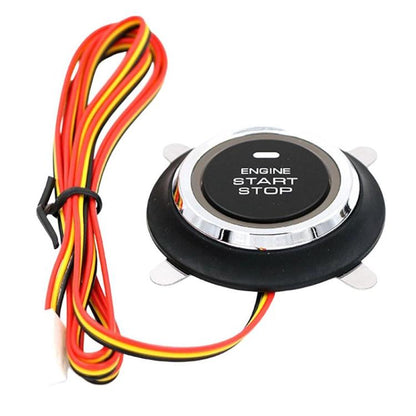 Car engine start-stop button with black rim and colored wiring harness