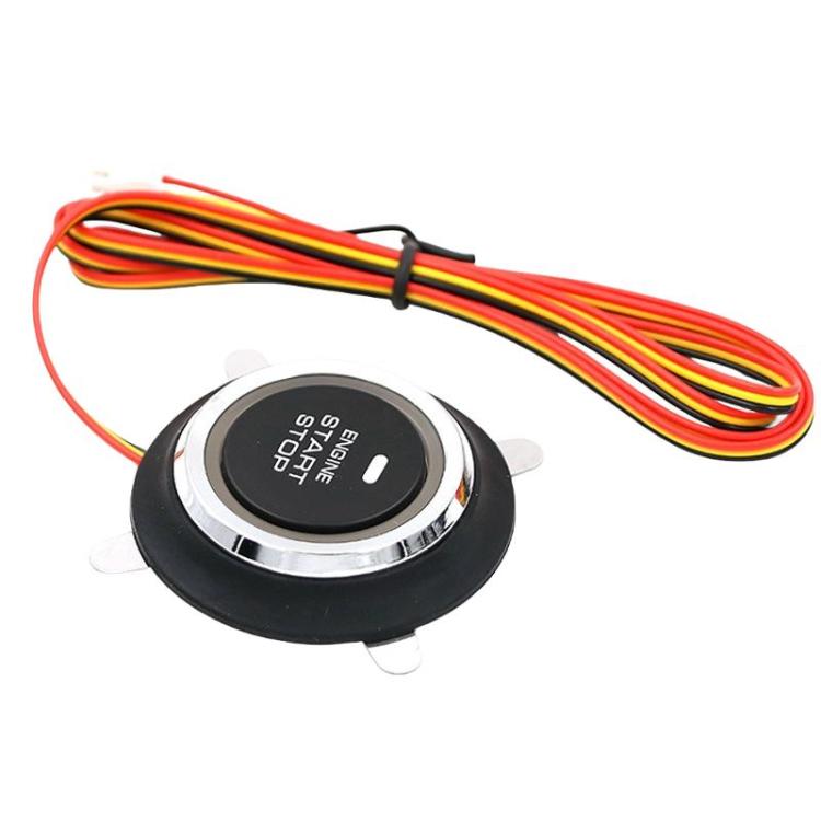 Car engine start-stop button with black bezel and long colored wire leads